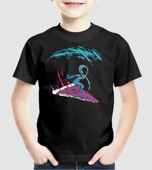 Alien Pizza Surf tricou amuzant model negru pe tricou