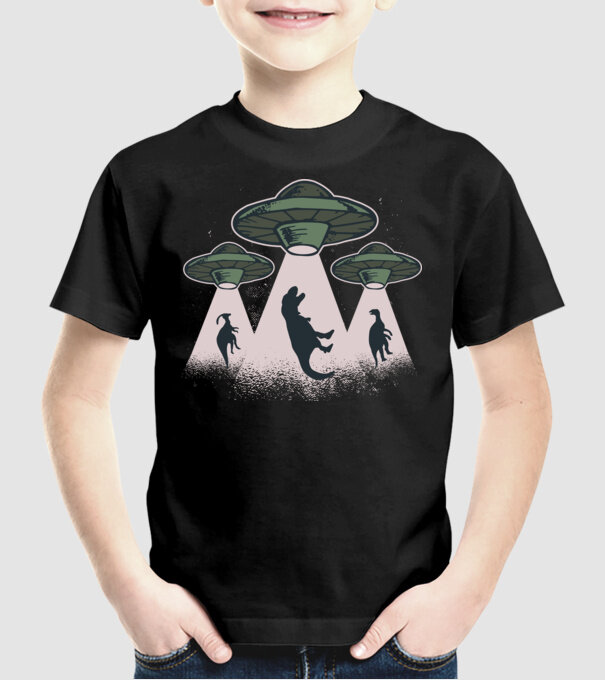 Alien OZN dinozaur model negru pe tricou
