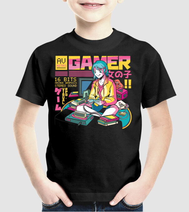 Anime fată Gamer model negru pe tricou