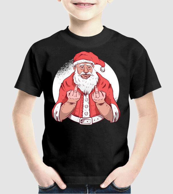 Moș Crăciun antisocial arată degetul model negru pe tricou