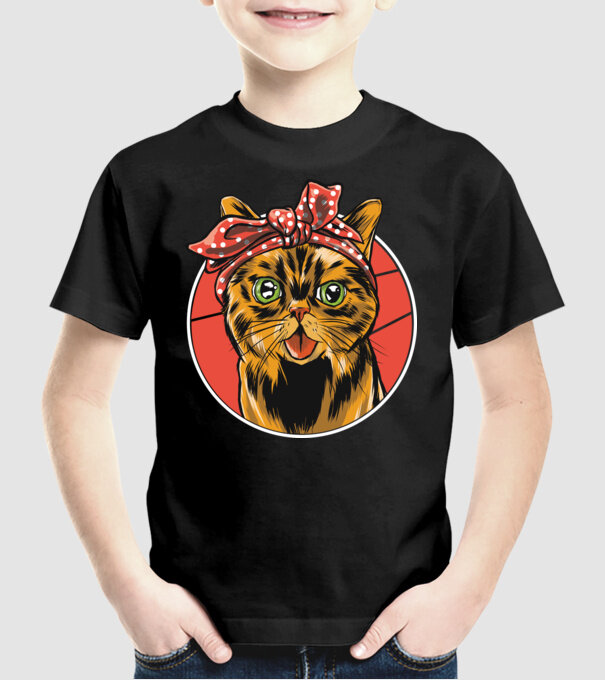 Cap de pisică cu batic model negru pe tricou