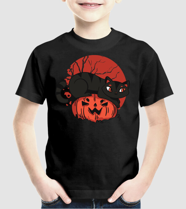 Pisică pe dovleac Halloween model negru pe tricou
