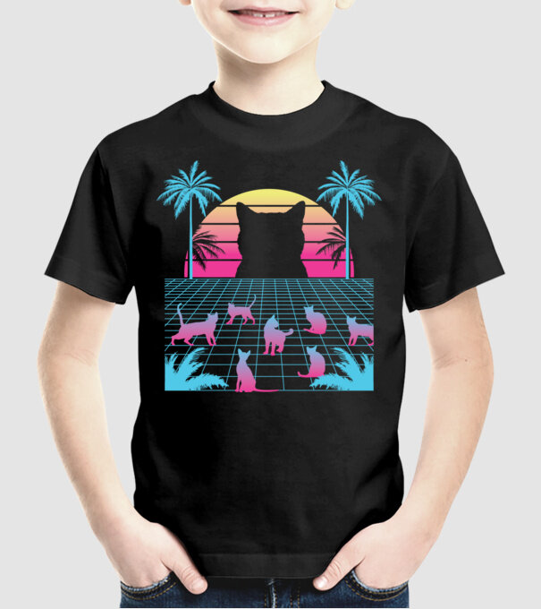 Pisică Vaporwave neon model negru pe tricou