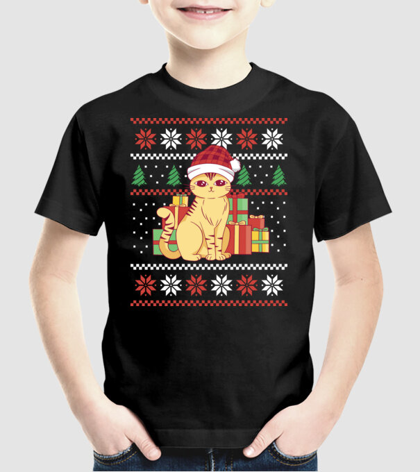 Pulover urât cu pisică model negru pe tricou