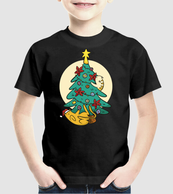Crăciun cu pisică model negru pe tricou