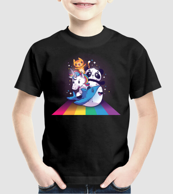 Animale drăguțe cu curcubeu model negru pe tricou