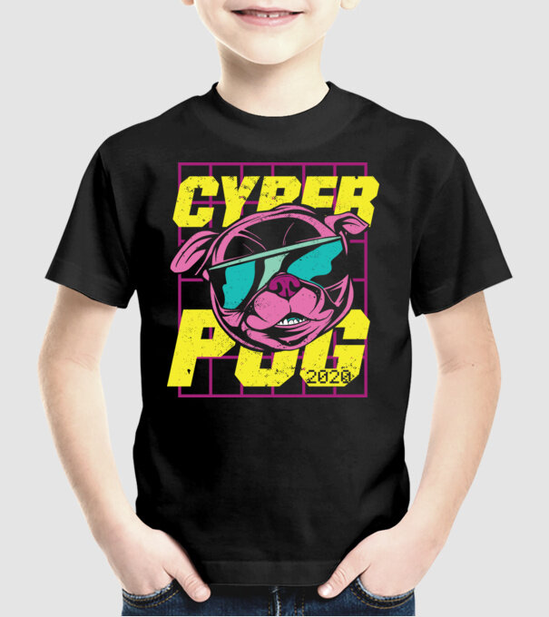 Mops Cyber Pug model negru pe tricou