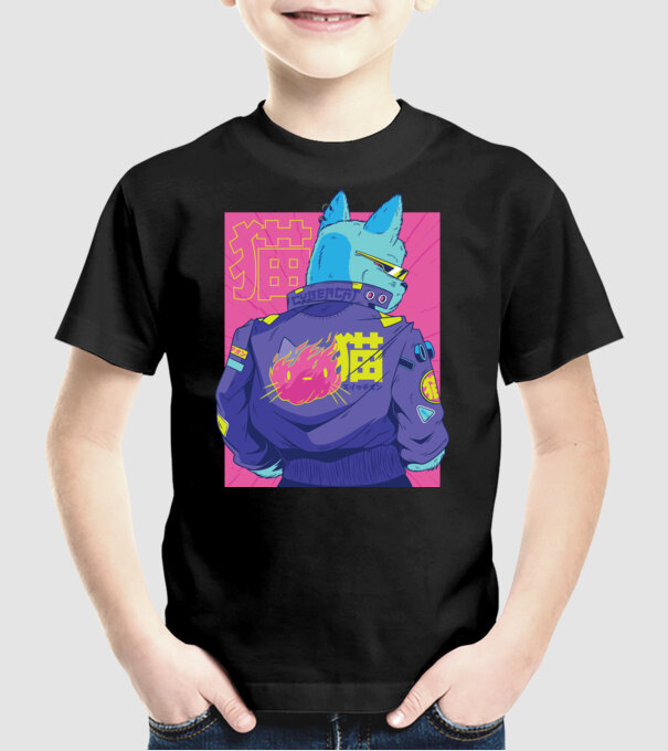 Pisică Cyberpunk model negru pe tricou