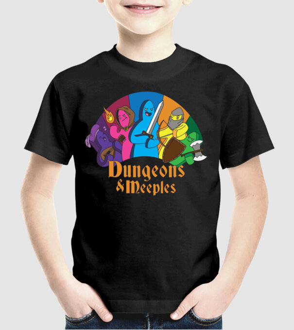 Dungeons Meeples model negru pe tricou