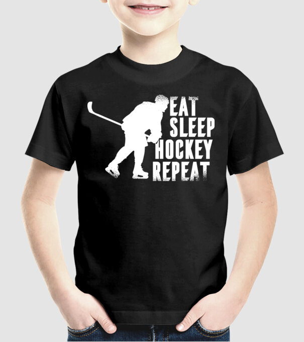 Eat Sleep Hockey Repeat model negru pe tricou