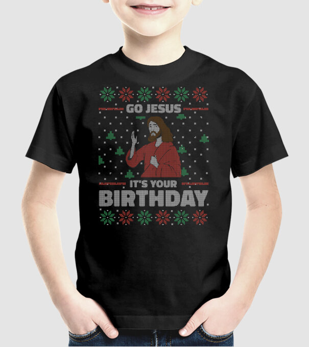 'Go Jesus, It''s Your Birthday Ugly Sweater' model negru pe tricou