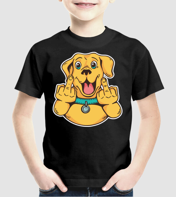 Golden Retriever arată degetul model negru pe tricou
