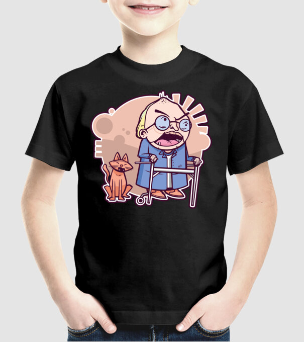 Bunic în vârstă cu pisică model negru pe tricou
