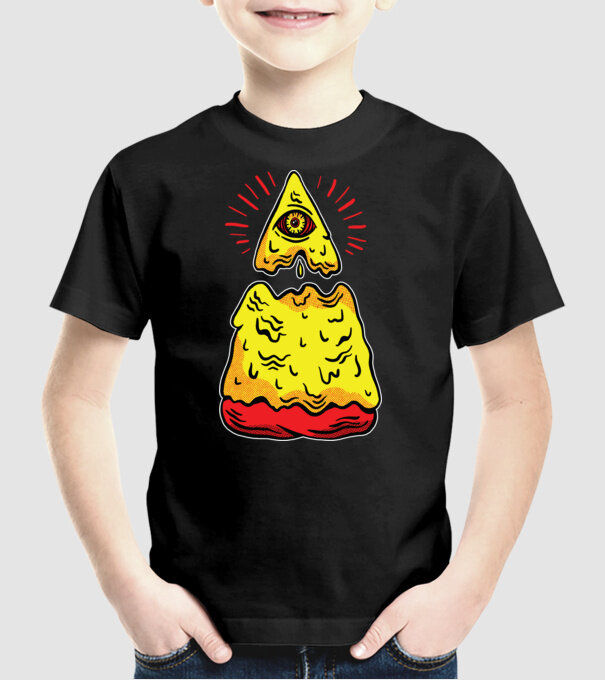 Illuminati Pizza model negru pe tricou