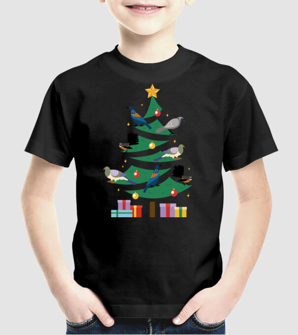 Pom de Crăciun cu păsări model negru pe tricou