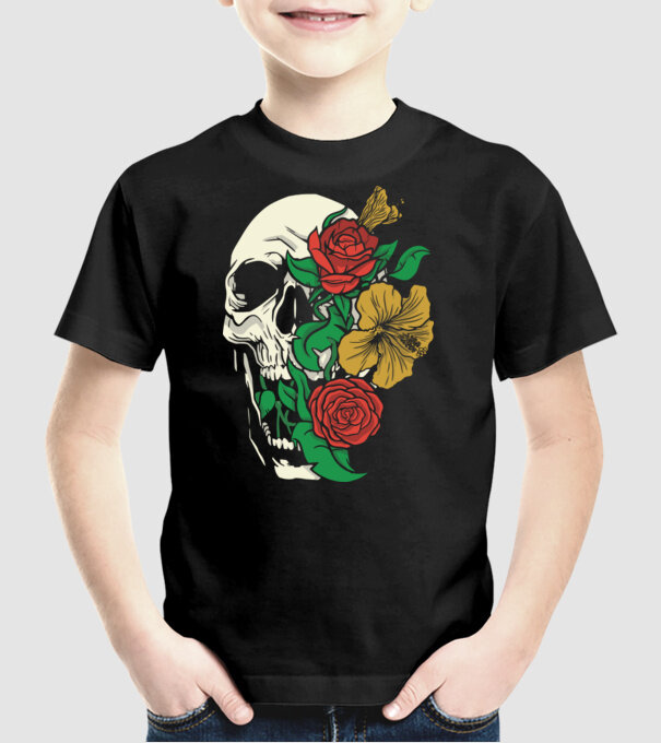 Trandafir craniu model negru pe tricou