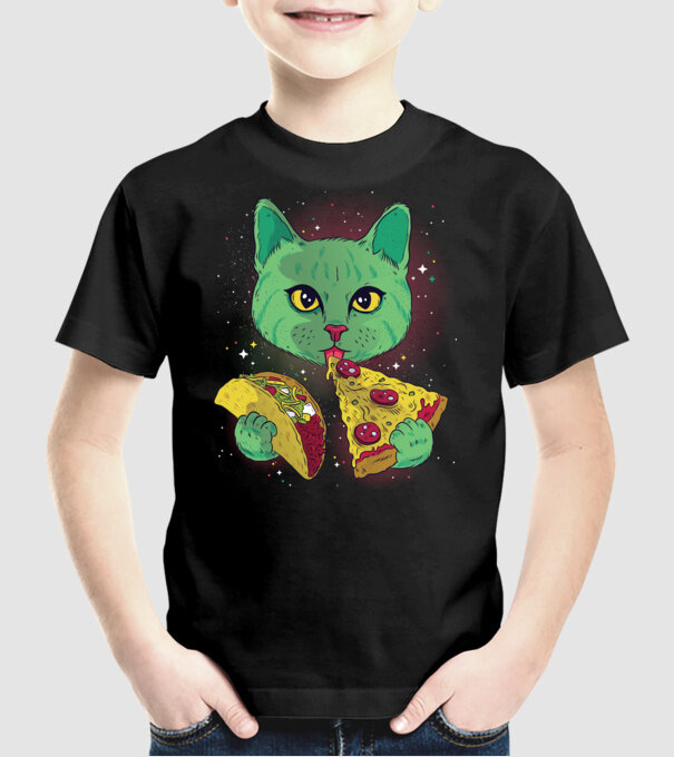 Pisică Cosmică Pizza și Taco model negru pe tricou