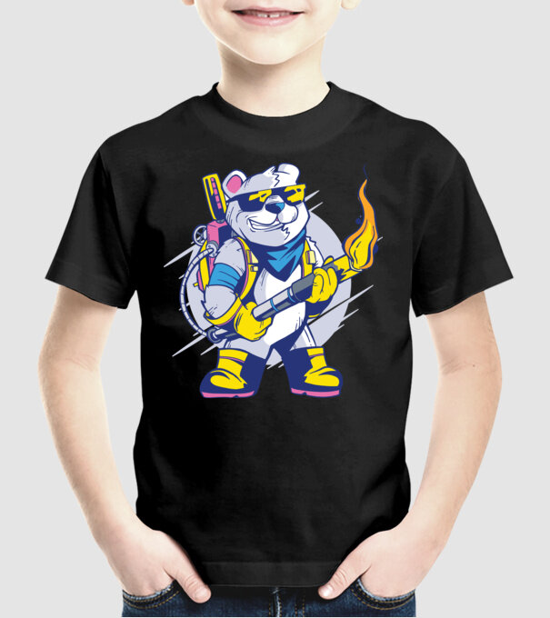 Urs cu aruncător de flăcări model negru pe tricou