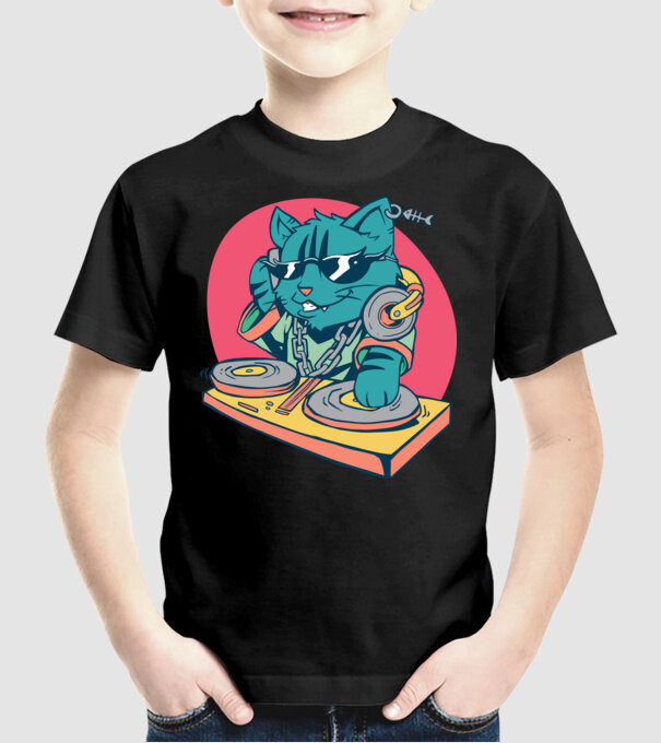 Pisică DJ model negru pe tricou