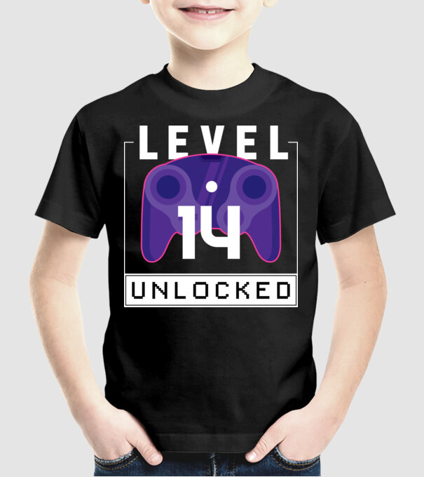 Level 14 Unlocked Gamer Birthday model negru pe tricou