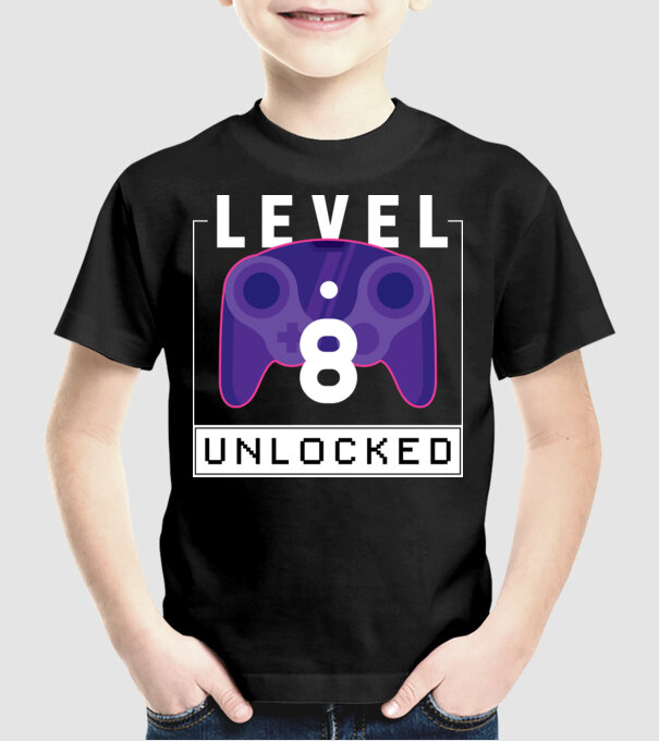 Level 8 Unlocked Gamer Birthday model negru pe tricou