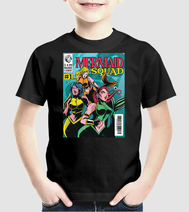 benzi desenate Mermaid Squad model negru pe tricou