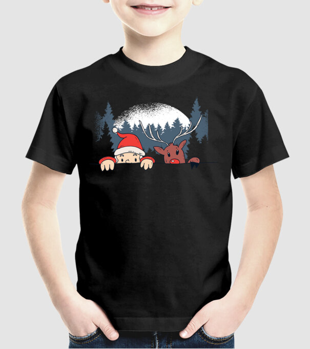 Moș Crăciun și Rudolf trag cu ochiul model negru pe tricou
