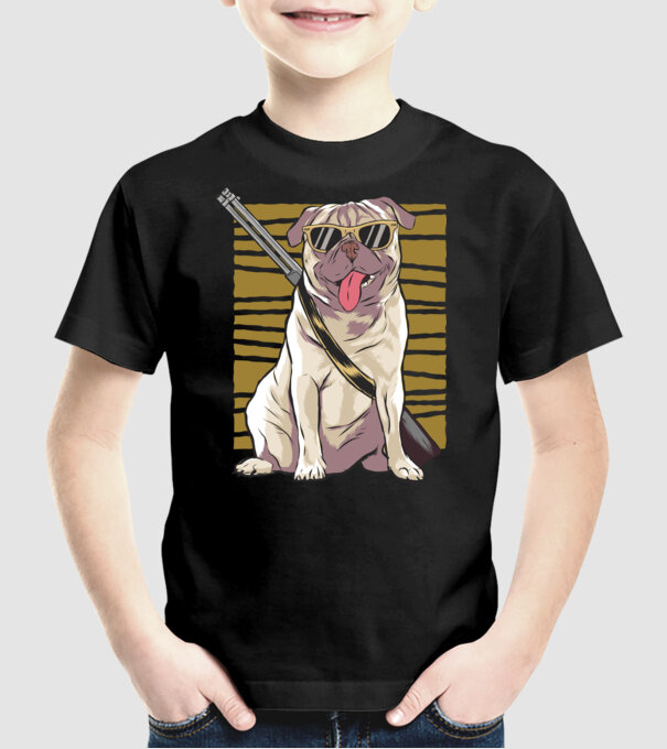 Mops cu pușcă tricou amuzant cu câine model negru pe tricou