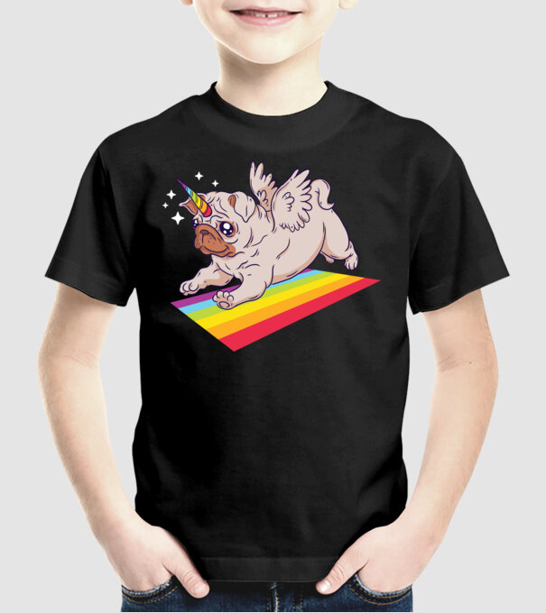 Mops unicorn model negru pe tricou