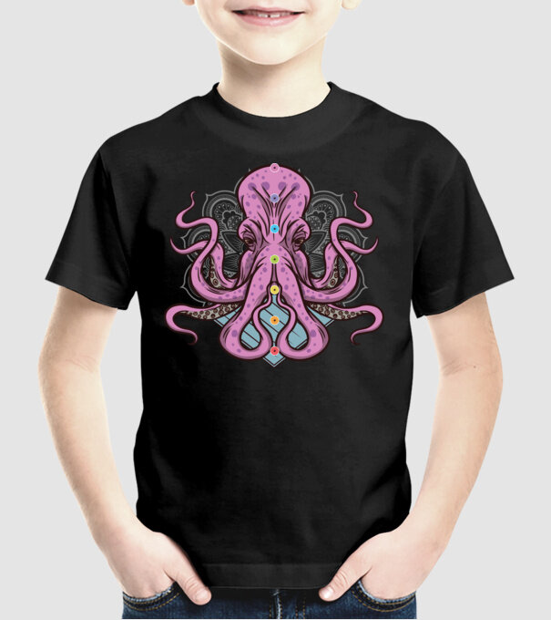 Yoga Octopus model negru pe tricou