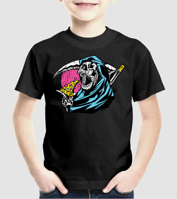 Om cu coasă și pizza model negru pe tricou