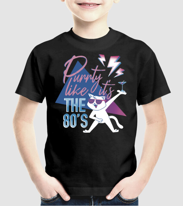 'Purrty Like it''s the 80''s' model negru pe tricou