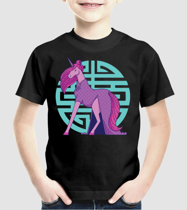 Qipao unicorn model negru pe tricou