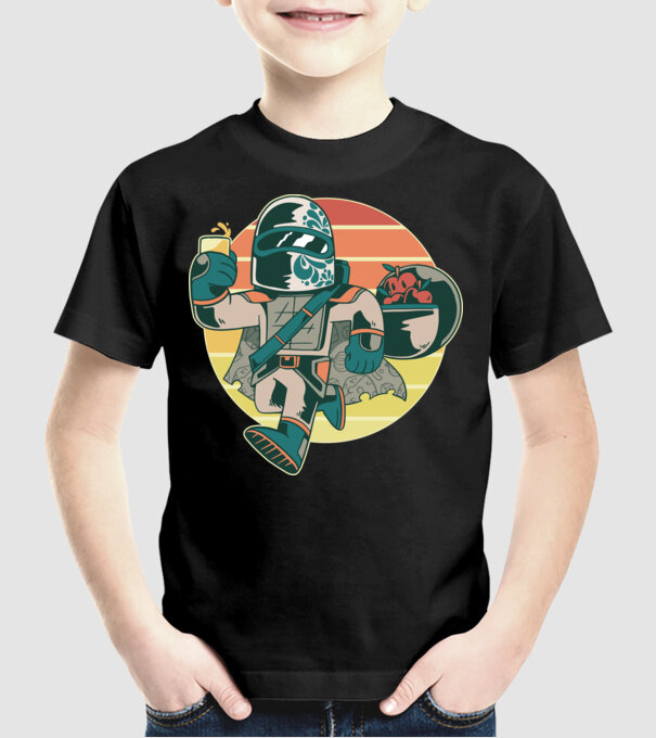 Războinic Mandalorian Retro model negru pe tricou