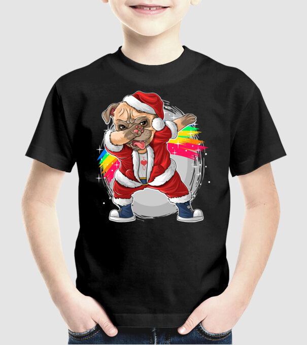 Santa Mops Moș Crăciun model negru pe tricou