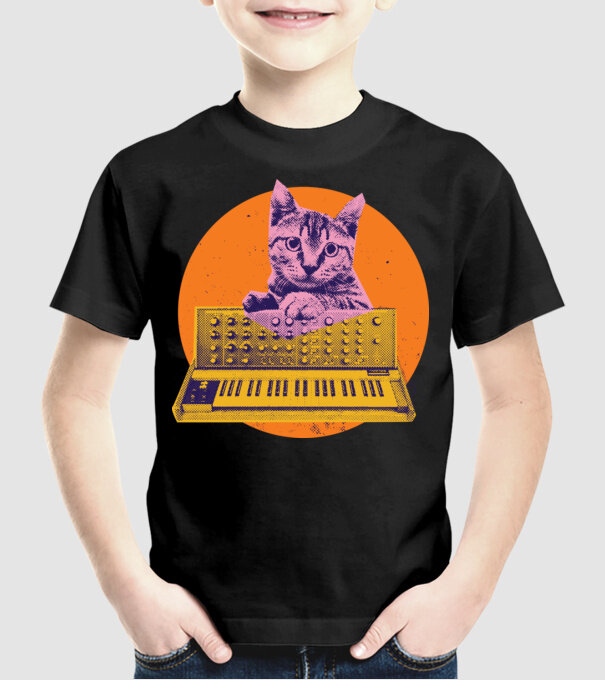 Pisică cu sintetizator model negru pe tricou