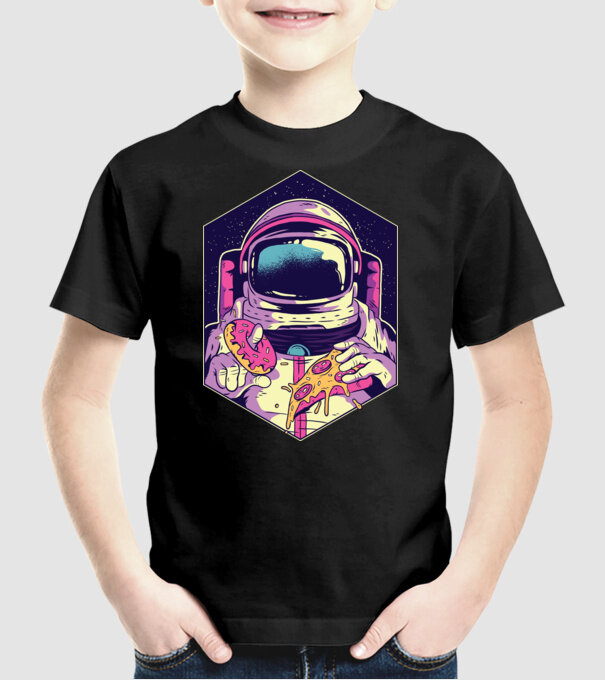 Astronaut Gogoașă și Pizza model negru pe tricou