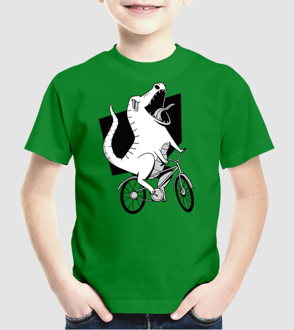Dinozaur cu bicicletă model verde pe tricou