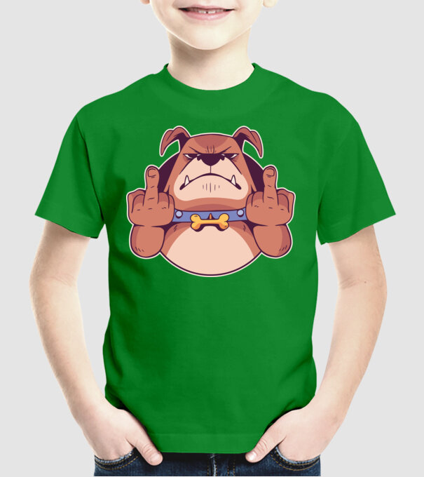Bulldog arată degetul model verde pe tricou