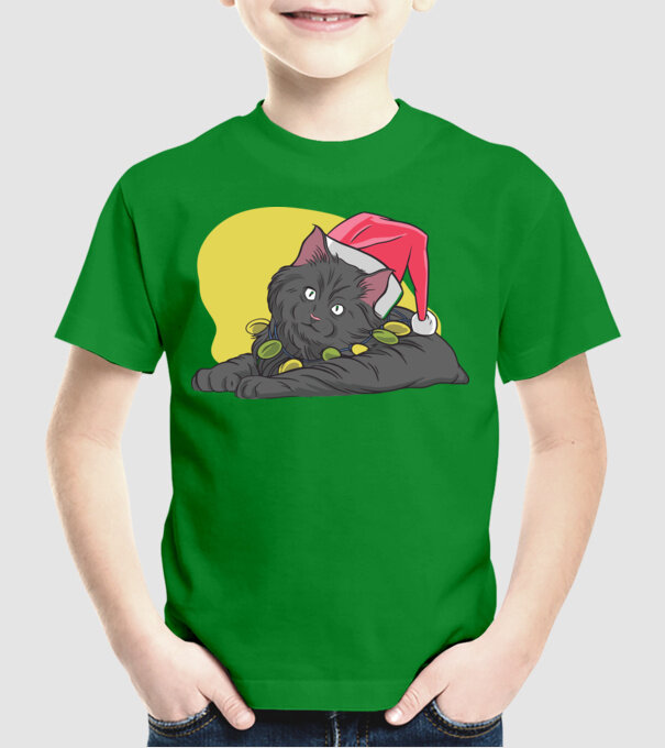 Pisică de Crăciun model verde pe tricou