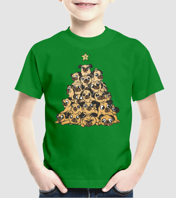 pom de Crăciun cu cățel (mops) model verde pe tricou