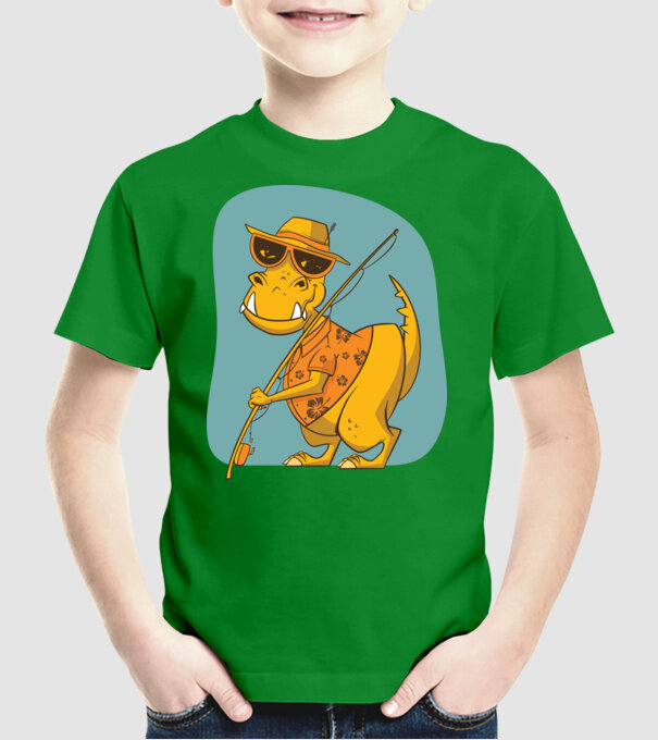 T-rex Pescar model verde pe tricou