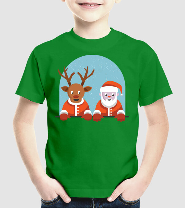 Moș Crăciun și Ren tricou de Crăciun T-shirt model verde pe tricou