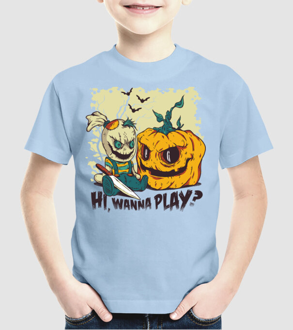 Vrei să te joci? Halloween model albastru deschis pe tricou