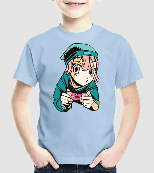 Anime fată Gamer model albastru deschis pe tricou