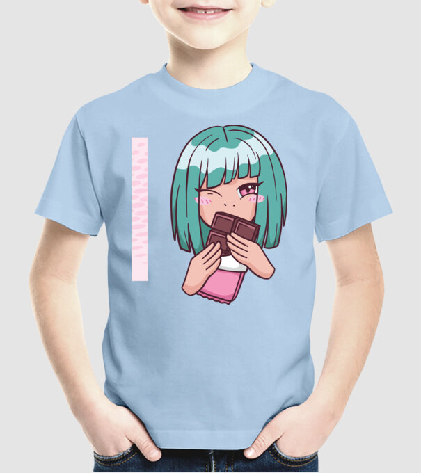 Anime fată cu ciocolată model albastru deschis pe tricou