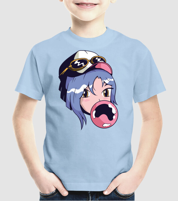 fată Anime cu gumă de mestecat model albastru deschis pe tricou