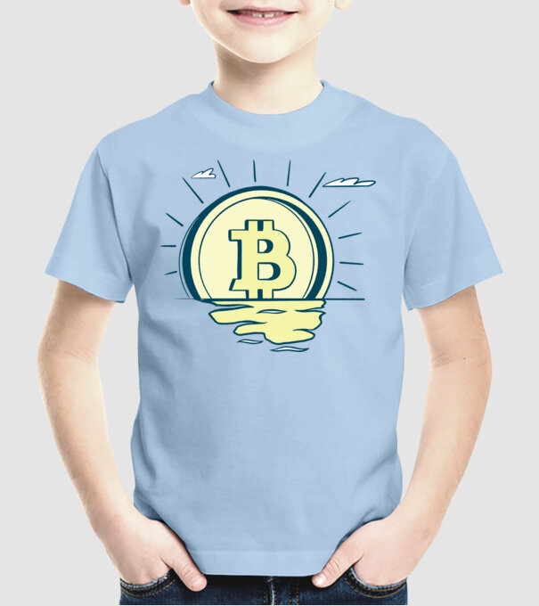 Bitcoin sunrise model albastru deschis pe tricou