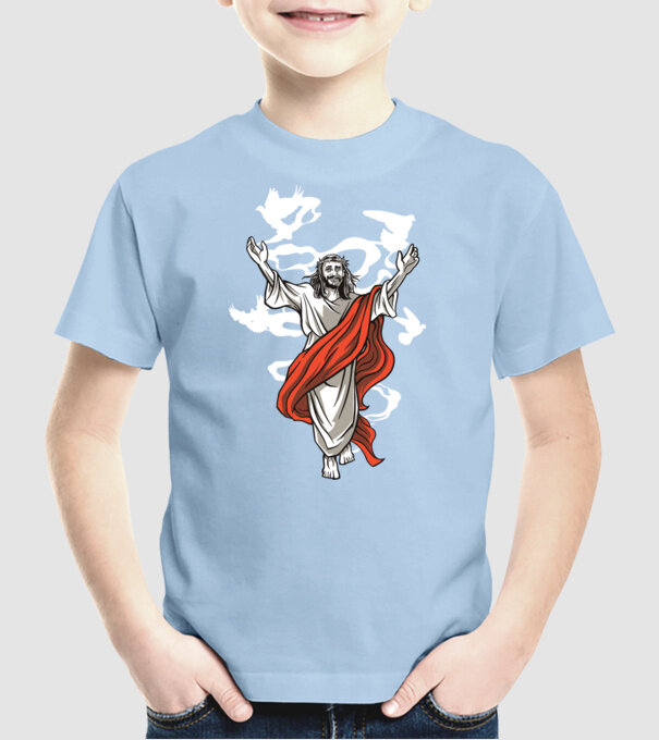 Isus fericit tricou creștin model albastru deschis pe tricou