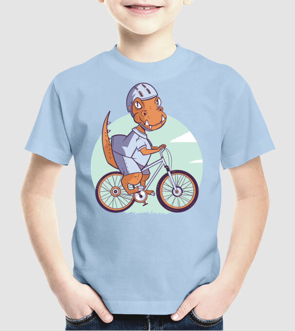 Dinozaur de T-Rex cu bicicletă model albastru deschis pe tricou